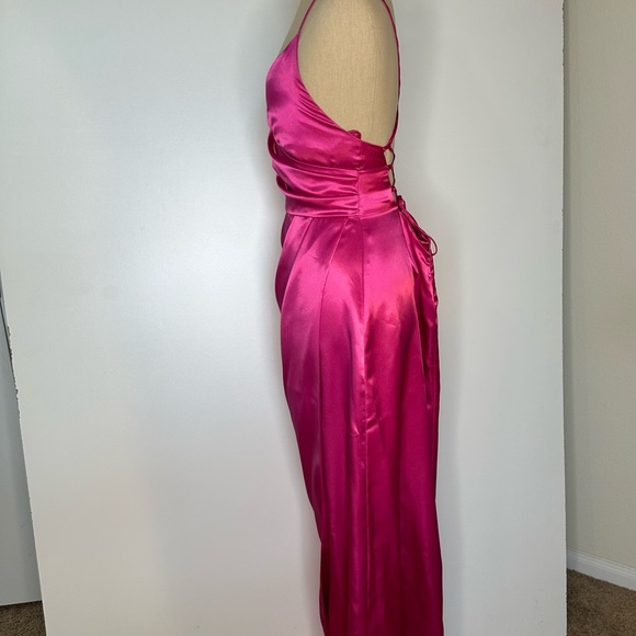 Hot pink satin effect wrap Slip lace up back long Dress gown 6 - Picture 7 of 16
